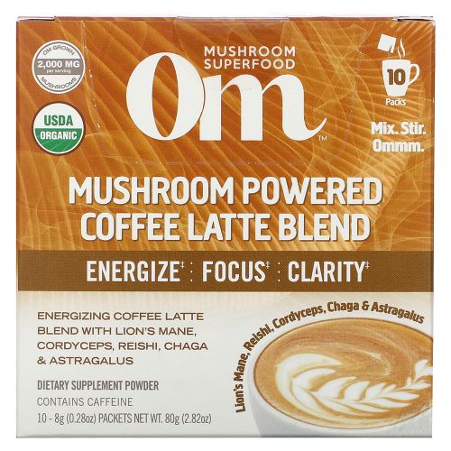 Om Mushrooms, Mushroom Powered Coffee Latte Blend, 10 Packets, 0.28 oz (8 g) Each