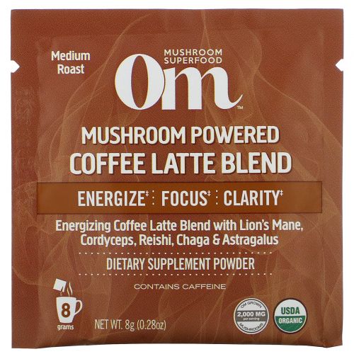 Om Mushrooms, Mushroom Powered Coffee Latte Blend, 10 Packets, 0.28 oz (8 g) Each