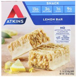 Atkins, Лимонный батончик, 5 батончиков, 1,41 унц. (40 г) каждый