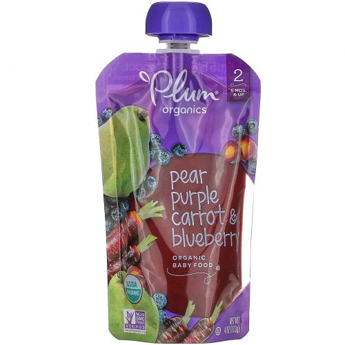 Plum Organics, Organic Baby Food, 6 Months & Up, Pear, Purple Carrot & Blueberry, 6 Pouches, 4 oz (113 g) Each