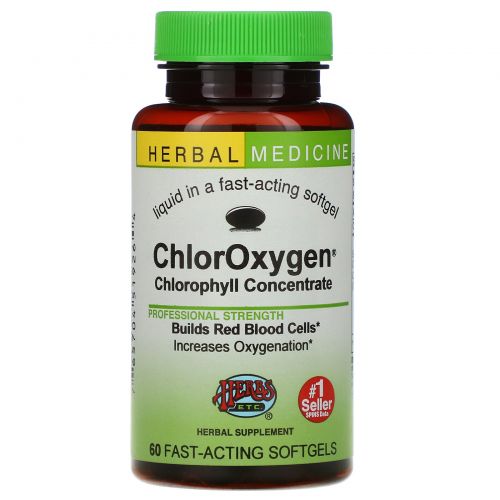 Herbs Etc., ChlorOxygen, Концентрат хлорофилла, 60 быстродействующих желатиновых капсул