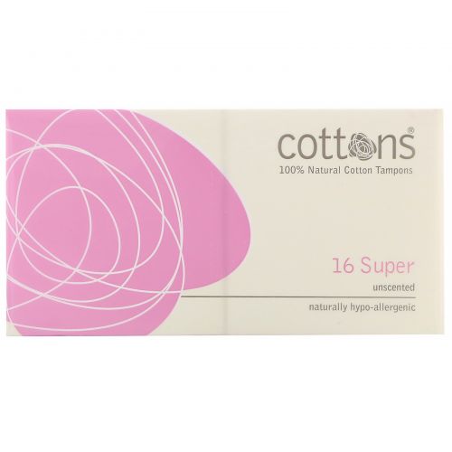Cottons, 100% Natural Cotton Tampons, Super, Unscented, 16 Tampons