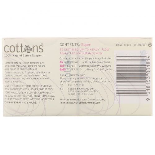 Cottons, 100% Natural Cotton Tampons, Super, Unscented, 16 Tampons