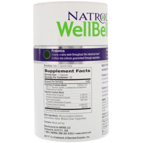 Natrol, WellBelly, Probiotics + Enzymes, 30 Capsules