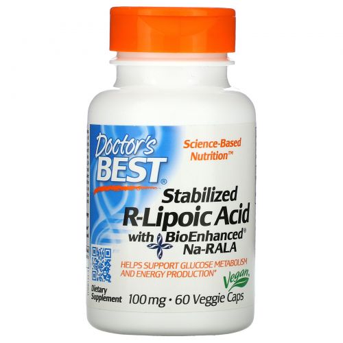 Doctor's Best, Стабилизирующая R-липоевая кислота (Best Stabilized R-Lipoic Acid), 100 мг, 60 растительных капсул