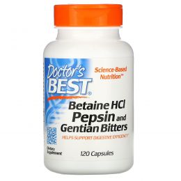 Doctor's Best, Горькая настойка из бетаина гидрохлорида, пепсина и генцианы (Betaine HCL Pepsin & Gentian Bitters), 120 капсул
