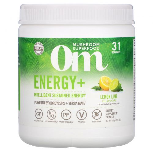 Organic Mushroom Nutrition, Energy+, Powered by Cordyceps + Yerba Mate Powder, Lemon Lime, 2,000 mg, 7.05 oz (200 g)