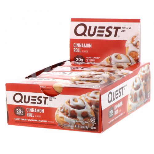 Quest Nutrition, QuestBar, протеиновый батончик, коричный ролл, 12 батончиков, 2,1 унции (60 г) каждый