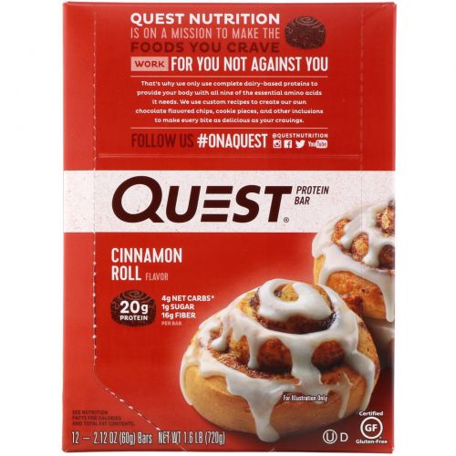 Quest Nutrition, QuestBar, протеиновый батончик, коричный ролл, 12 батончиков, 2,1 унции (60 г) каждый