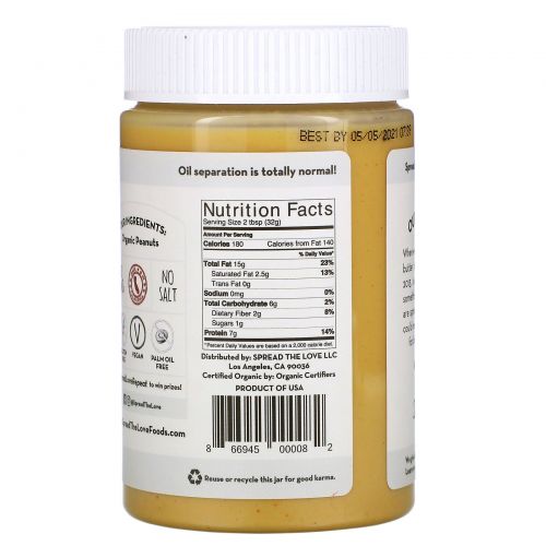 Spread The Love, Organic Peanut Butter, Naked, 16 oz ( 454 g)