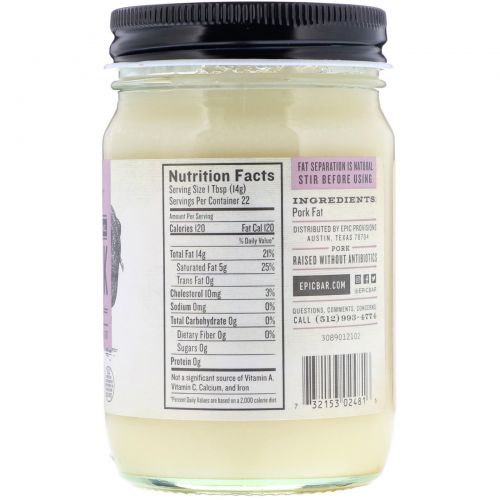 Epic Bar, Traditional Pork Lard, 11 oz (312 g)