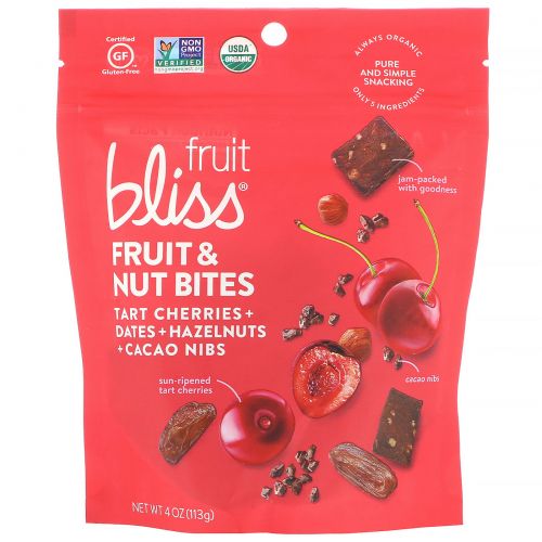 Fruit Bliss, Фруктово-ореховые снеки, вишня + финики + фундук + ядра какао, 113 г