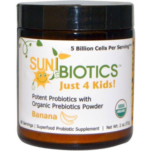 Sunbiotics, Just 4 Kids!, высокоэффективные пробиотики с органическими пребиотиками в порошке, банан, 2 унции (57 г)