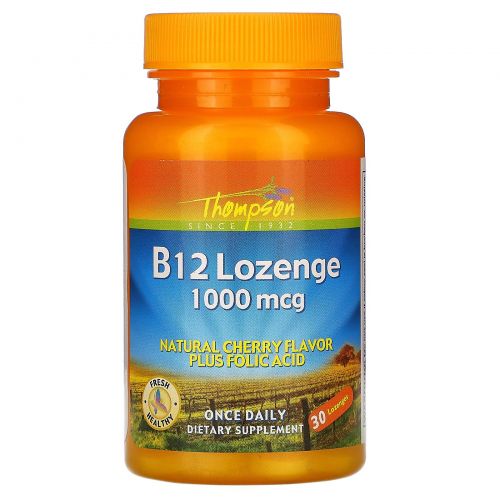 Thompson, B12 таблетки для рассасывания, натуральный аромат вишни, 1000 мкг, 30 таблеток для рассасывания