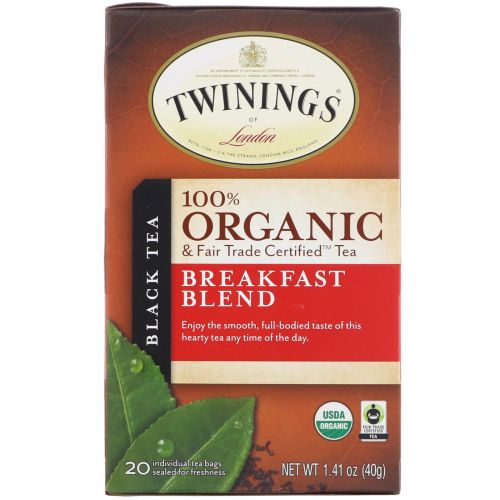 Twinings, 100% Органический Черный Чай, Купаж для Завтрака, 20 пакетиков, 1.41 унций (40 г)