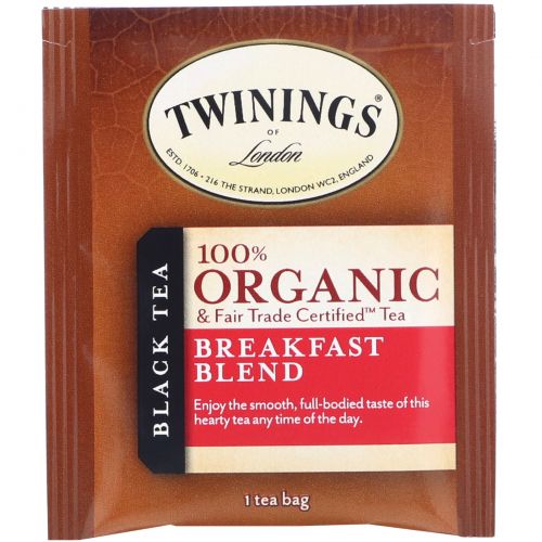 Twinings, 100% Органический Черный Чай, Купаж для Завтрака, 20 пакетиков, 1.41 унций (40 г)