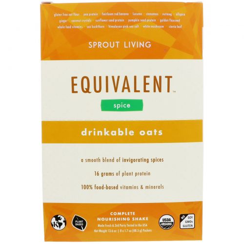 Sprout Living, Equivalent, Питьевые овсяные хлопья, Специи, 8 пакетов, 1,7 унции (48,5 г) каждый