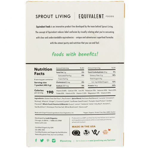 Sprout Living, Equivalent, Питьевые овсяные хлопья, Специи, 8 пакетов, 1,7 унции (48,5 г) каждый