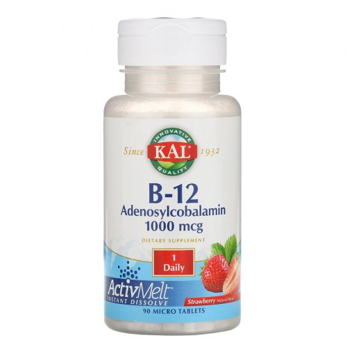 KAL, B-12 Adenosylcobalamin, Stawberry, 1000 mcg, 90 Micro Tablets