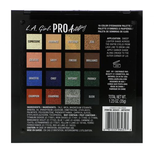 L.A. Girl, Pro Eyeshadow Palette, Artistry, 1.23 oz (35 g)