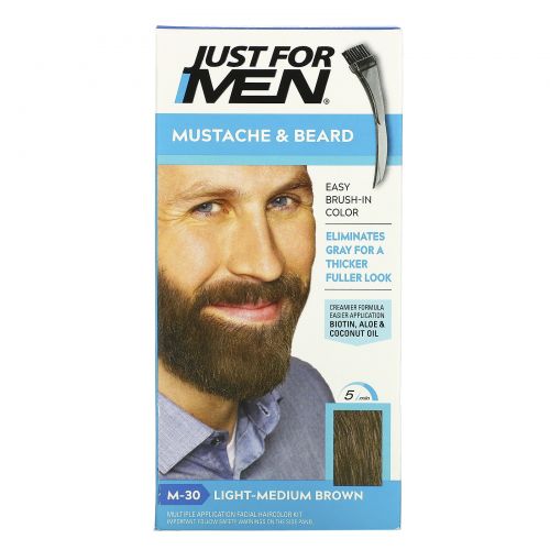 Just for Men, Mustache & Beard, гель для окрашивания усов и бороды с кисточкой в комплекте, оттенок светло-коричневый M-30, 2 шт. по 14 г