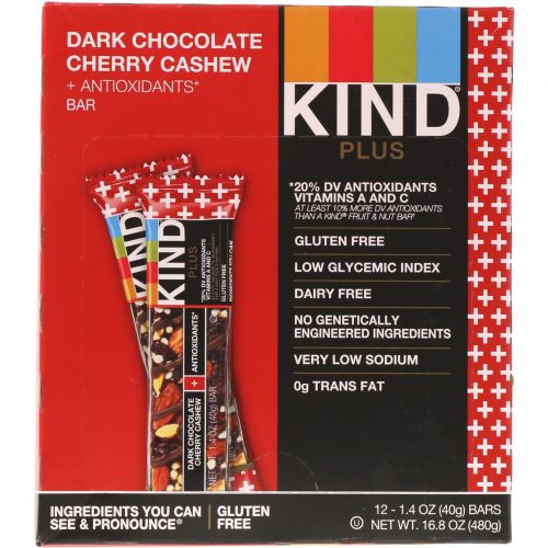 KIND Bars, Kind Plus Dark Chocolate Cherry Cashew + Antioxidants, 12 bars 1.4oz (40g) each