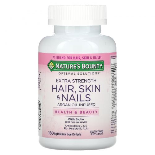 Nature's Bounty, Optimal Solutions, Hair, Skin & Nails, Extra Strength, 150 быстрорастворимых мягких капсул