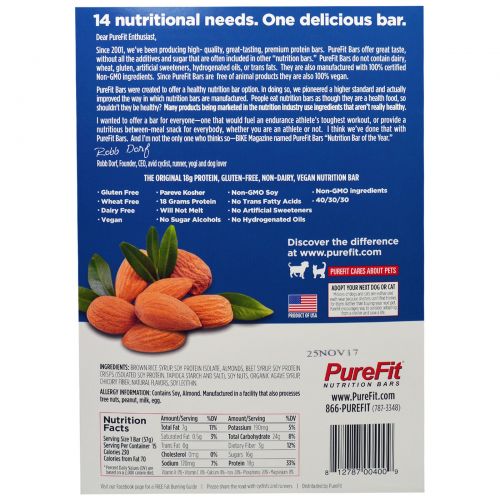 Pure Fit Bars, Premium Nutrition Bars, Хрустящий Миндаль, 15 штук по 2 унции (57 г) каждая