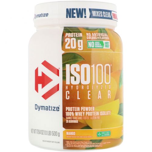 Dymatize Nutrition, ISO100 Hydrolyzed Clear, 100% Whey Protein Isolate, Mango, 1.1 lb (500 g)