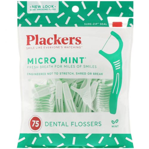 Plackers, Micro Mint, зубочистки с нитью, мята, 75 шт.