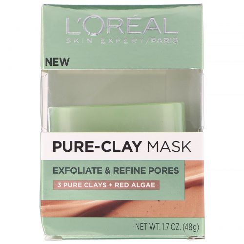 L'Oreal, Маска Pure-Clay, отшелушивание и выравнивание пористой кожи, 3 натуральные глины + красные водоросли, 48 г