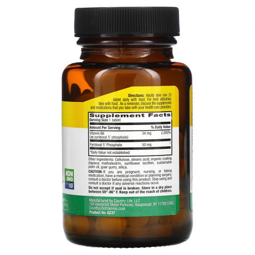 Country Life, П-5-Ф (пиридоксаль-5' -фосфат),  50 мг, 100 таблеток