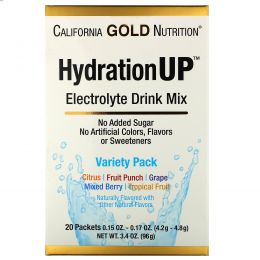 California Gold Nutrition, HydrationUP, смесь для напитка с электролитами, комбинированный набор из 20 пакетов весом 0,15 унции (4,2 г) каждый