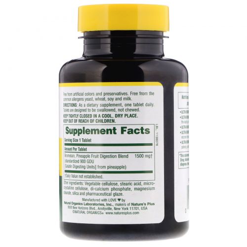 Nature's Plus, Bromelain Supplement 1500 (бромелайновая добавка), максимальная эффективность, 60 таблеток