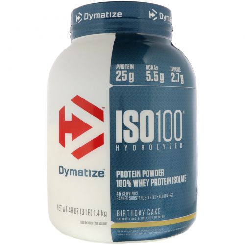 Dymatize Nutrition, ISO 100 Hydrolyzed 100% Whey Protein Isolate, Birthday Cake, 48 oz (1.4 kg)