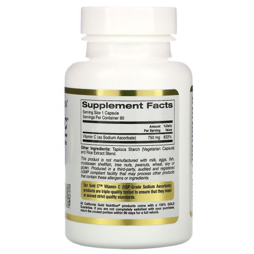 California Gold Nutrition, Buffered Gold C, Non-Acidic Vitamin C, Sodium Ascorbate, 750 mg, 60 Растительная капсула