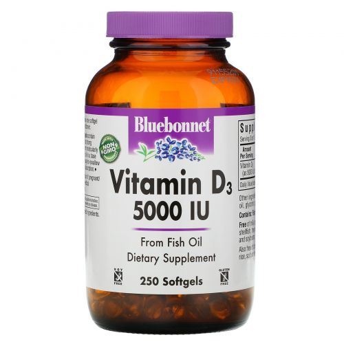 Bluebonnet Nutrition, Витамин D3, 5000 МЕ, 250 желатиновых капсул