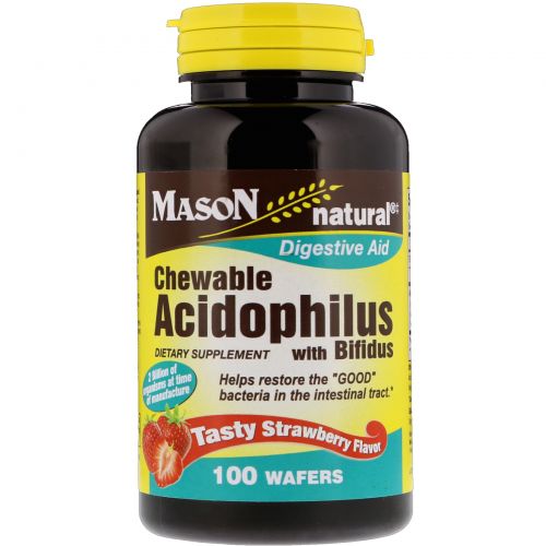 Mason Natural, Жевательный ацидофилин с бифидобактериями, клубничный вкус, 100 шт.