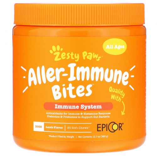 Zesty Paws, Allergy Immune Bites, здоровье пищеварительной и иммунной систем, для собак всех возрастов, вкус ягненка, 90 мягких жевательных таблеток