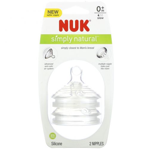 NUK, Simply Natural, Slow Flow Bottle Nipples,  0 + Months, 2 Nipples