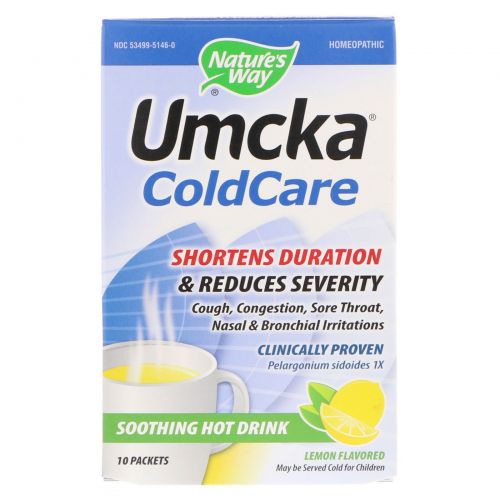 Nature's Way, Umcka ColdCare, Успокаивающий горячий напиток, со вкусом лимона, 10 пакетиков