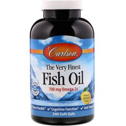 Carlson Labs, The Very Finest Fish Oil, 1000 мг, лимон, 240 гелевых капсул