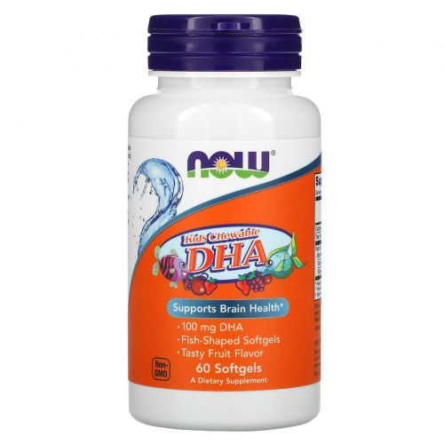 Now Foods, Жевательная ДГК для детей с фруктовым вкусом, 100 мг, 60 мягких таблеток