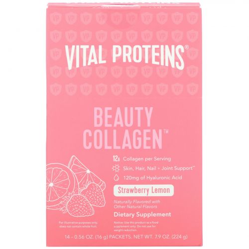 Vital Proteins, Косметический коллаген, клубника и лимон, 14 пакетов, по 16 г каждый