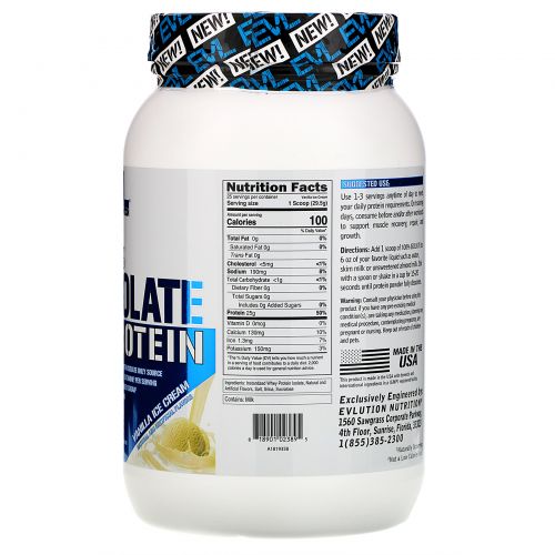 EVLution Nutrition, 100%-й изолят, ванильное мороженое, 726 г (1,6 фунта)