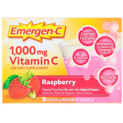 Emergen-C, 1,000 мг витамин C, малина, 30 пакетиков, 9.1 г шт.