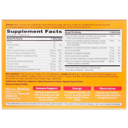 Emergen-C, 1,000 мг витамин C, малина, 30 пакетиков, 9.1 г шт.