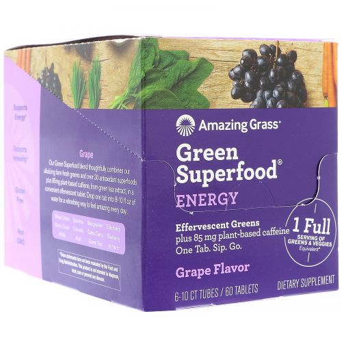 Amazing Grass, Green Superfood, Effervescent Greens Energy, Grape Flavor, 6 Tubes, 10 Tablets Each