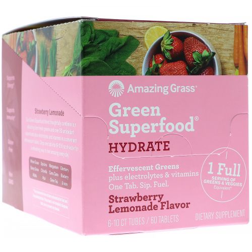 Amazing Grass, Green Superfood, Effervescent Greens Hydrate, Strawberry Lemonade Flavor, 6 Tubes, 10 Tablets Each