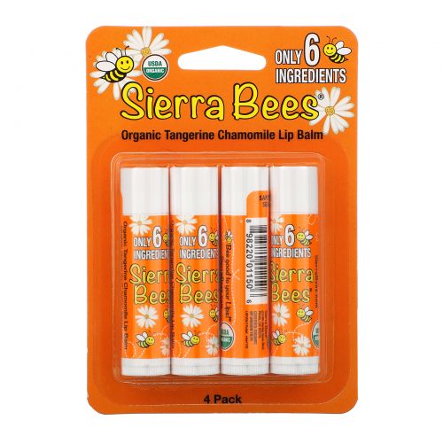 Sierra Bees, Органический бальзам для губ, мандарин и ромашка, 4 шт., 0,15 унции (4,25 г) каждый